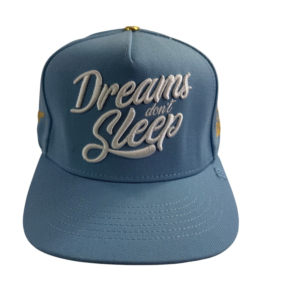 Dreams Don't Sleep Light Blue Snapback Hat Gold Embroidery Adjustable Cap NEW